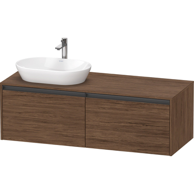 Duravit Ketho 2 meuble bas sous-lavabo avec plan de consolation avec 2 tiroirs pour vasque à poser à gauche 140x55x45.9cm avec poignées anthracite noyer foncé mat