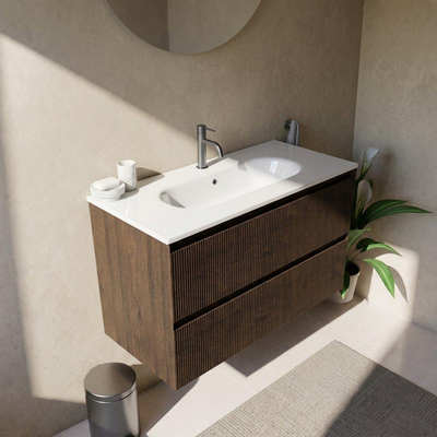 Saniclass Holz Atelier Ensemble meuble de salle de bains - 100x45x73.9cm - lavabo en céramique Chaci blanc - 1 vasque - 1 trou de robinetterie - 2 tiroirs - chêne charcoal mat (bois)