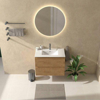 Saniclass Holz Atelier Ensemble de meubles de salle de bains - 80x45x62cm - lavabo Vygo en céramique blanc - 1 vasque - 1 trou de robinetterie - 2 tiroirs - chêne naturel mat (bois)