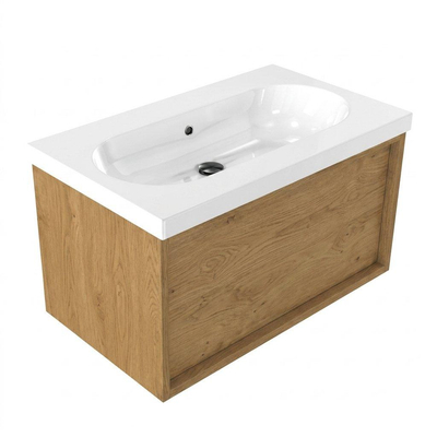 Saniclass Holz Frame Ensemble de meuble de salle de bains - 80x45x43.5cm - lavabo Palermo en céramique blanc - 1 vasque - sans trou de robinetterie - 1 tiroir - chêne natural mat (bois)