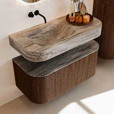 MONDIAZ THOR-DLUX 100cm badmeubel ronding links + rechts kleur Walnut met 1 lade en 2 deuren. Vrijhangende wastafel CLOUD Links zonder kraangat kleur Oza.