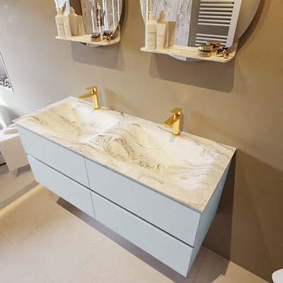 Mondiaz VICA-DLUX ensemble de meuble de salle de bain - 120cm - meuble sous-vasque argile - 4 tiroirs - lavabo encastré nuage double - 2 trous de robinet - version haute de 60cm - glace