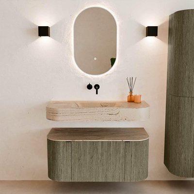 MONDIAZ THOR-DLUX 100cm meuble de salle de bains arrondi gauche + droite couleur Shadow avec 1 tiroir et 2 portes. Vasque suspendue CLOUD Milieu sans trou de robinet couleur Arena.