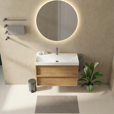 Saniclass Holz Frame Ensemble meuble de salle de bains - 100x45x67.5cm - Wave lavabo en céramique - 1 vasque - 1 trou de robinetterie - 2 tiroirs - chêne natural mat (bois)