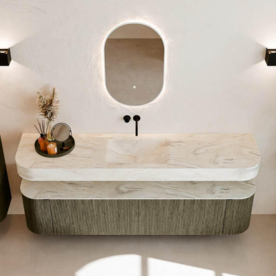 MONDIAZ THOR-DLUX Meuble de salle de bains 190cm arrondi gauche + droite couleur Shadow avec 2 tiroirs et 2 portes. Vasque suspendue CLOUD Milieu sans trou de robinet couleur Ostra.