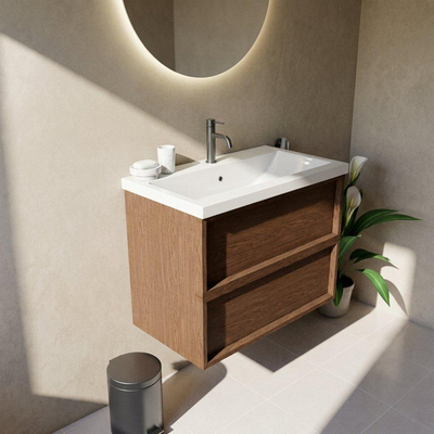 Saniclass Holz Frame Ensemble meuble de salle de bains - 80x45x63.5cm - Lavabo Bari en céramique blanc - 1 vasque - 1 trou de robinet - 2 tiroirs - noyer pure mat (bois)