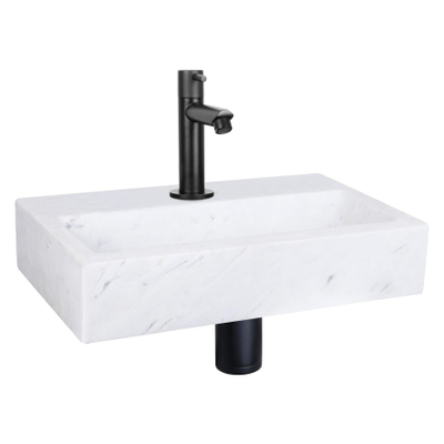 Differnz Flat Set lave-mains 38x24x8cm 1 trou avec robinet droit et siphon + bonde noir mat Rectangulaire Marbre Blanc