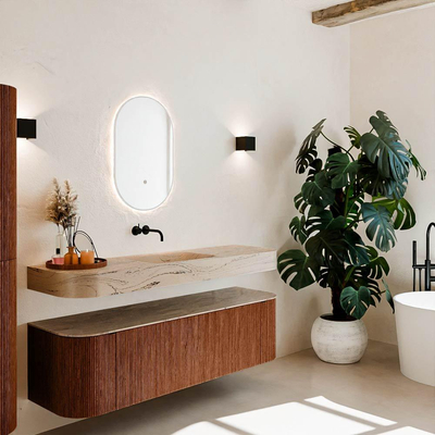 MONDIAZ THOR-DLUX 160cm meuble de salle de bains arrondi gauche + droite couleur Ruby avec 1 tiroir et 2 portes. Vasque suspendue CLOUD centrale sans trou de robinet couleur Arena.