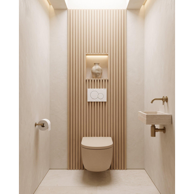 QeramiQ Dely Swirl Toiletset - 36.5x53cm - Geberit UP320 inbouwreservoir - met Burda frame - 35mm zitting - witte sigma bedieningsplaat - ronde knoppen - mat beige