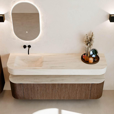 MONDIAZ THOR-DLUX 170cm badmeubel ronding links + rechts kleur Walnut met 1 lade en 2 deuren. Vrijhangende wastafel CLOUD Links zonder kraangat kleur Meli.