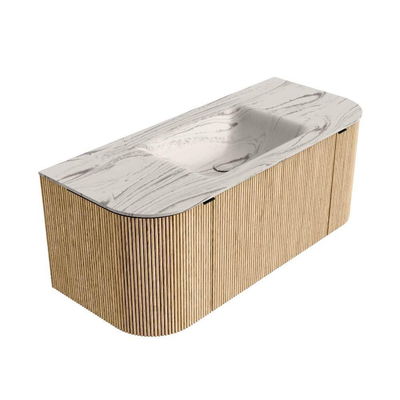 MONDIAZ KURVE-DLUX 110cm badmeubel ronding Links + Rechts kleur Oak met 1 lade en 2 deuren. Wastafel CLOUD Midden zonder kraangat Nata.