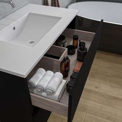 Adema Chaci Ensemble de meuble - 80x46x55cm - 1 vasque en céramique blanche - sans trou de robinet - 2 tiroirs - armoire de toilette - noir mat