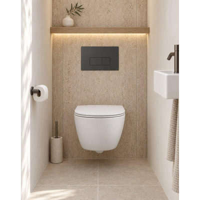 QeramiQ Dely Swirl Compact Toiletset - inbouwreservoir Geberit UP320 - met Burda frame - slim zitting - kunststof bedieningsplaat mat antraciet - rechthoekige knoppen - mat wit