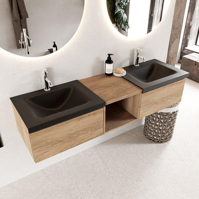 Mondiaz BUKLA badkamermeubelset 160x45x34cm 2 kraangaten 2 wasbakken solid surface Urban greeploos 2 lades met softclose Melamine Washed Oak