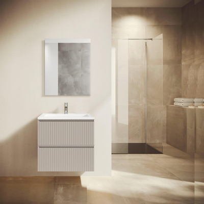 Saniclass Prime Blend Ensemble meuble de salle de bains - 60x55x46cm - 1 vasque ovale en céramique blanche - 1 trou de robinet - 2 tiroirs - miroir rectangulaire - coton mat (beige)