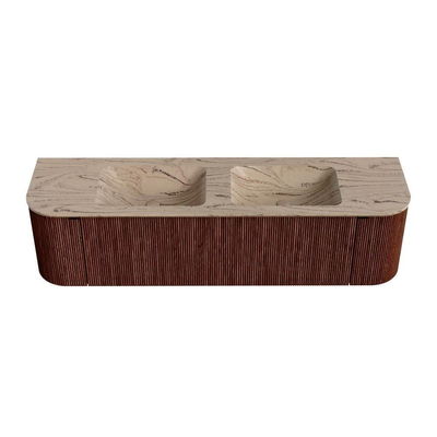 MONDIAZ KURVE-DLUX Meuble de salle de bains 170cm arrondi Gauche + Droite couleur Ruby avec 1 tiroir et 2 portes. Lavabo LEAF Double 2 trous de robinet Arena.