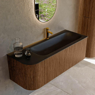 MONDIAZ KURVE 125cm Meuble salle de bain avec module 25 G - couleur Walnut - 1 tiroir - 1 porte - vasque BIG MEDIUM droite - 1 trou de robinet - Urban