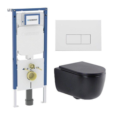 QeramiQ Dely Swirl Toiletset - 36.3x51.7cm - Geberit UP720 Duofix Sigma inbouwreservoir - slim zitting - metalen bedieningsplaat mat wit - rechthoekige knoppen - mat zwart