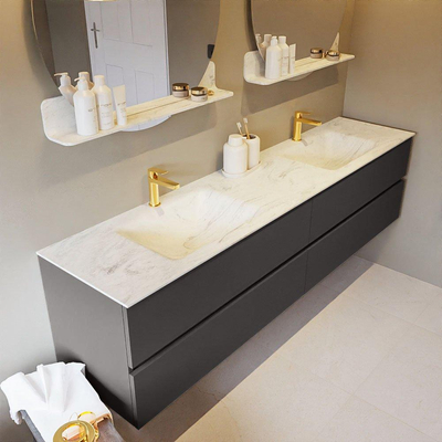 Mondiaz VICA-DLUX ensemble de meuble de salle de bain - 200cm - meuble sous-vasque gris foncé - 4 tiroirs - lavabo encastré cloud double - 2 trous de robinet - version haute de 60cm - opalo