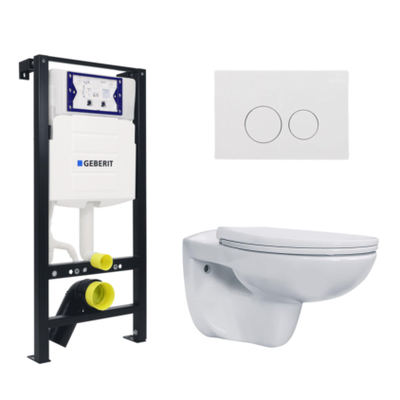 Plieger QeramiQ Basic Start Classico Ensemble de toilette – Réservoir encastré UP320 – Cuvette suspendue – Sans rebord – Abattant – Fermeture douce – Plaque de commande blanche – Boutons ronds – Blanc