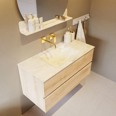 Mondiaz VICA-DLUX Ensemble de meuble de salle de bain - 100cm - meuble sous-vasque chêne blanchi - 2 tiroirs - lavabo encastré cloud milieu - sans trous de robinet - version haute de 60cm - ostra