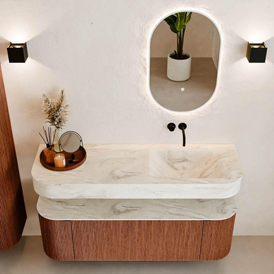 MONDIAZ THOR-DLUX 140cm meuble de salle de bains arrondi gauche + droite couleur Ruby avec 1 tiroir et 2 portes. Vasque suspendue CLOUD Droite sans trou de robinet couleur Ostra.