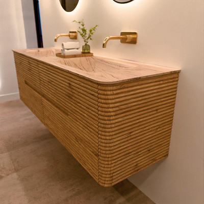 Mondiaz CIRO-DLUX Badkamermeubelset - 160x45x50cm - Solid surface wastafel Arena - 2 wasbak Dubbel - zonder kraangaten - 4 lades - Oak