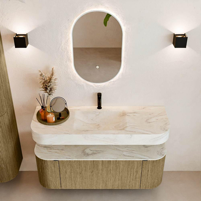 MONDIAZ THOR-DLUX 130cm meuble de salle de bains arrondi gauche + droite couleur Dusk avec 1 tiroir et 2 portes. Vasque suspendue CLOUD Milieu 1 trou de robinet couleur Ostra.