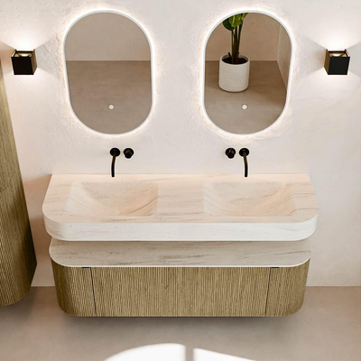 MONDIAZ THOR-DLUX 150cm meuble de salle de bains arrondi gauche + droite couleur Dusk avec 1 tiroir et 2 portes. Vasque suspendue CLOUD Double sans trou de robinet couleur Meli.