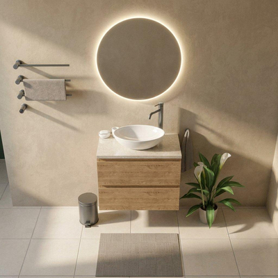 Saniclass Holz Pure Ensemble meuble de salle de bains - 80x45x63cm - Plan de toilette en pierre naturelle travertin - 1 trou de robinetterie - 2 tiroirs - chêne natural mat (bois)