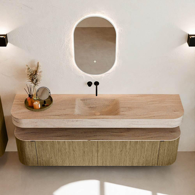 MONDIAZ THOR-DLUX Meuble de salle de bains 190cm arrondi gauche + droite couleur Dusk avec 2 tiroirs et 2 portes. Vasque suspendue CLOUD Milieu sans trou de robinet couleur Saba.