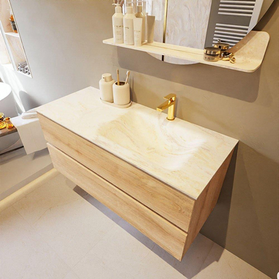 Mondiaz VICA-DLUX Ensemble de meuble de salle de bain - 110cm - meuble sous-vasque chêne blanchi - 2 tiroirs - lavabo encastré cloud droite - 1 trou de robinet - version haute de 60cm - ostra