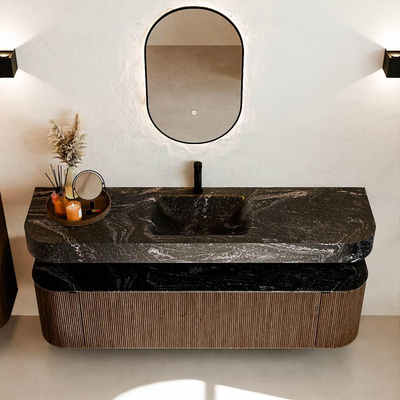 MONDIAZ THOR-DLUX 170cm meuble de salle de bains arrondi gauche + droite couleur Walnut avec 1 tiroir et 2 portes. Vasque suspendue CLOUD Milieu 1 trou de robinet couleur Lava.