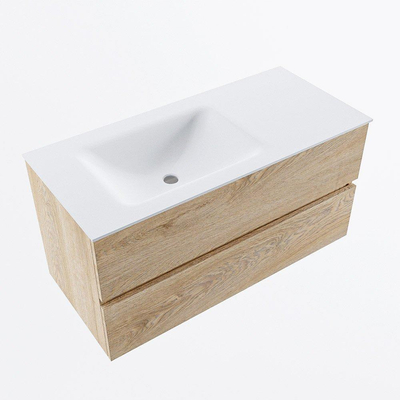 Mondiaz VICA ensemble de meuble de salle de bain - 100cm - meuble sous-vasque chêne blanchi - 2 tiroirs - lavabo cloud gauche - sans trous de robinet - version haute de 60cm - talc