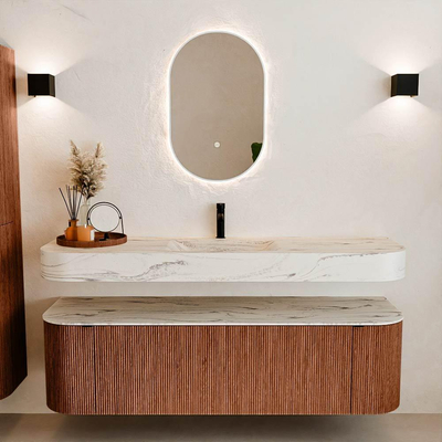 MONDIAZ THOR-DLUX 160cm meuble de salle de bains arrondi gauche + droite couleur Ruby avec 1 tiroir et 2 portes. Vasque suspendue CLOUD Milieu 1 trou de robinet couleur Nata.