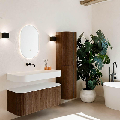 MONDIAZ THOR 110cm badmeubel ronding links + rechts kleur Walnut met 1 lade en 2 deuren. Vrijhangende wastafel CLOUD Midden zonder kraangat kleur Talc.