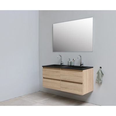 Basic Bella Meuble salle de bains avec lavabo acrylique Noir avec miroir 120x55x46cm 2 trous de robinet Chêne