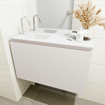 MONDIAZ OLAN Toiletmeubel 80x30x40cm met 1 kraangaten 1 lades linen mat Wastafel Lex links Solid Surface Wit