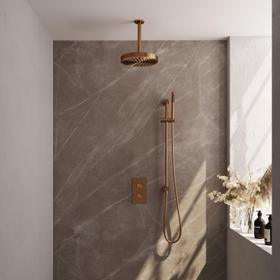 BRAUER Stripe Thermostatische Inbouw Regendouche - 3-weg - rechthoekig - SET 21 - 25cm douchekop - plafondarm - staaf handdouche - doucheslang - geïntegreerde glijstang - koper geborsteld PVD