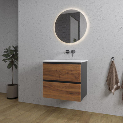 Adema Industrial 2.0 Badkamermeubelset - 60x45x55cm - 1 keramische wasbak wit - zonder kraangat - ronde spiegel met verlichting - hout/zwart