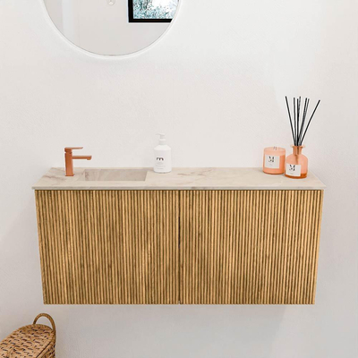 Mondiaz JOYA-DLUX 90cm toiletmeubel - kleur Oak - Wastafel FAYE positie Links 1 kraangat kleur Frappe.