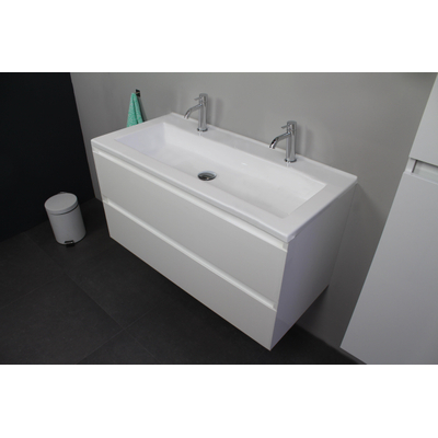 Basic Bella Meuble avec lavabo acrylique 2 trous de robinet 100x55x46cm avec armoire toilette à 2 portes gris Blanc brillant