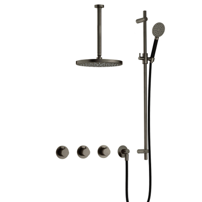 Hotbath Cobber IBS70 Ensemble de douche de tête encastré - bras de plafond 30 cm - douche de tête ronde 30 cm - douchette 3 jets - barre de douche - fer vieilli