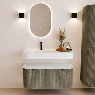 MONDIAZ THOR 100cm meuble de salle de bains arrondi gauche + droite couleur Shadow avec 1 tiroir et 2 portes. Vasque suspendue CLOUD gauche 1 trou de robinet couleur Talc.