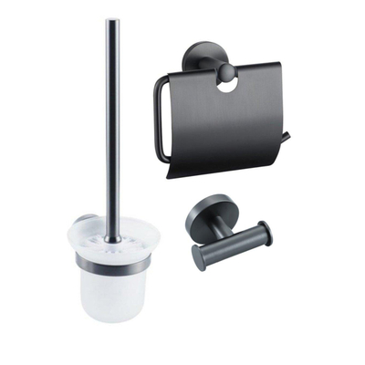 Fortifura Calvi Toiletset 3-delig - toiletrolhouder - met klep - toiletborstel - handdoekhaak dubbel rond - PVD - geborsteld gunmetal (antraciet)