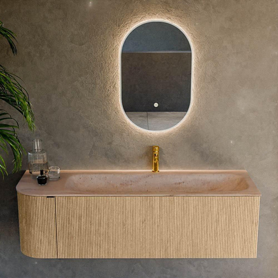 MONDIAZ KURVE-DLUX 145cm badmeubel ronding Links kleur Oak met 1 lade en 1 deur. Wastafel BIG LARGE Rechts 1 kraangat Saba.