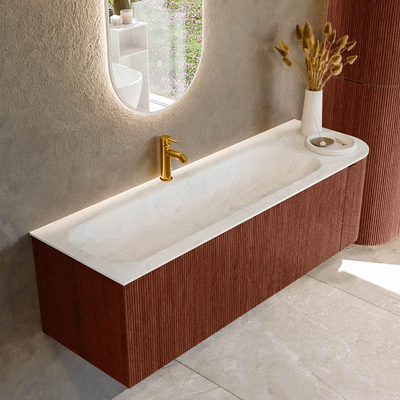 Mondiaz KURVE-DLUX Badkamermeubelset - 145x46x40cm - 1 lade - 1 deur - wastafel solid surface - links - 1 kraangat - Ruby