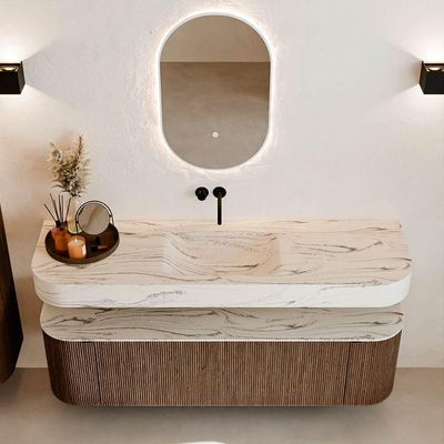 MONDIAZ THOR-DLUX 160cm badmeubel ronding links + rechts kleur Walnut met 1 lade en 2 deuren. Vrijhangende wastafel CLOUD Midden zonder kraangat kleur Nata.