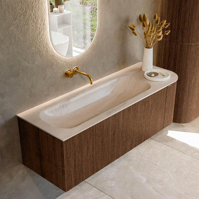 MONDIAZ KURVE-DLUX Meuble de salle de bains 135cm arrondi à droite couleur Walnut avec 1 tiroir et 1 porte. Lavabo BIG MEDIUM à gauche sans trou de robinet Meli.