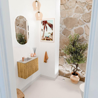 Mondiaz JOYA-DLUX 61.6cm toiletmeubel - ronding rechts kleur Oak - Wastafel FAYE positie Links 1 kraangat kleur Glace.